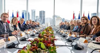 Prime Minister Mark Carney, third from left and European Commission President Ursula von der Leyen, fourth from right, attend an expanded meeting with Canadian and European Union delegates during the EU-Canada summit in Montreal on Friday, Oct. 30, 2026.