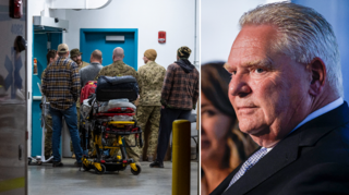 Ontario Premier Doug Ford and Emergency crews and military personnel at the Wainwright Health Centre (Left: THE CANADIAN PRESS/John Ulan. Right: THE CANADIAN PRESS/Jeff McIntosh).