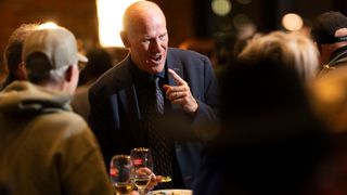 Mitch Sylvestre the leader and CEO of the Alberta Prosperity Project laughs with supporters as they await referendum results in Edmonton, Monday, Oct. 19, 2026. THE CANADIAN PRESS/John Ulan