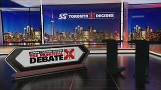 The CP24 debate stage where Olivia Chow and Brad Bradford will square off tonight.