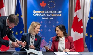 Minister of Foreign Affairs Anita Anand, right and High Representative of the European Union for Foreign Affairs and Security Policy Kaja Kallas sign the Canada-EU Host Country Agreement in Montreal on Thursday, Oct. 29, 2026.