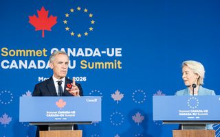 Prime Minister Mark Carney speaks to the media as European Commission President Ursula von der Leyen, right, looks on during for their closing press conference during the EU-Canada summit in Montreal on Friday, Oct. 30, 2026.