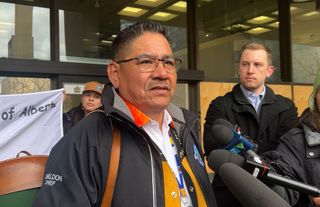 Sturgeon Lake Cree Nation Chief Sheldon Sunshine speaks outside the Edmonton law courts in Edmonton, Tuesday, April 7, 2026. The nation is challenging the constitutionality of Alberta's citizen-initiated referendum process in the wake of the separatist movement brewing in the province and its attempt to try and force a vote on having Alberta quit Canada. THE CANADIAN PRESS/Jack Farrell