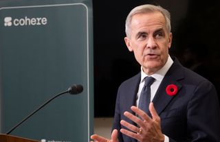 Prime Minister Mark Carney announces an investment of up to $1.6 billion in Canadian AI company Cohere, in Montreal on Thursday, Oct. 29, 2026.
