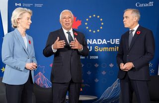 European Council President Antonio Costa, centre, speaks during his trilateral meeting with Prime Minister Mark Carney, right, and European Commission President Ursula von der Leyen, at the EU-Canada summit in Montreal on Friday, Oct. 30, 2026.