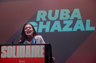 Quebec Solidaire co-spokesperson Ruba Ghazal speaks to supporters on the night of the Quebec provincial election, in Montreal, Monday, Oct. 5, 2026.