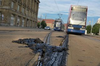Verklumpte Straßenbahnschienen in Leipzig
