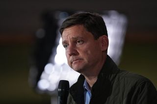 B.C. NDP Leader David Eby pauses while speaking during a provincial election campaign announcement, in Delta, B.C., on Monday, Oct. 12, 2026.