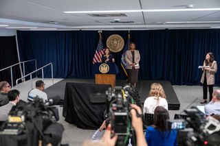 New York Governor Kathy Hochul speaks during a news conference with New York Attorney General Letitia James, Friday, Oct. 2, 2026, in New York.