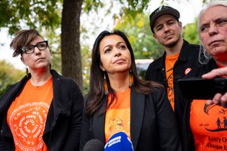 Quebec solidaire Spokesperson Ruba Ghazal speaks to media before taking part in the Every Child Matters march on the National Day for Truth and Reconciliation, in Montreal, on Wednesday, Sept. 30, 2026.