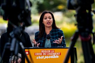 Quebec Solidaire co-spokesperson Ruba Ghazal speaks at a press conference in Montreal, on Thursday, Oct. 1, 2026.