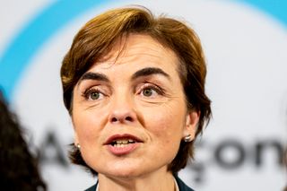 Coalition Avenir Quebec Leader Christine Frechette speaks during a press conference alongside local candidates during a campaign stop, in Montreal, on Thursday, Oct. 1, 2026.