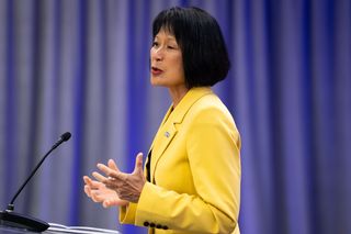Toronto Mayor Olivia Chow speaks during a press conference at the facility of the pharmaceutical company Sanofi in Toronto on Wednesday, Sept. 16, 2026. THE CANADIAN PRESS/Arlyn McAdorey