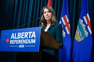 Alberta Premier Danielle Smith speaks during a news conference in Calgary on May 22, 2026.