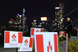 Forever Canadian signs seen outside of the pro Canada watch party in Edmonton, Monday, Oct. 19, 2026. THE CANADIAN PRESS/James Maclennan