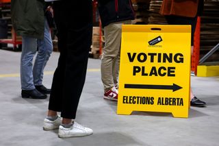 A voting sign to be used for the 2026 Alberta Referendum in Edmonton, Alta.