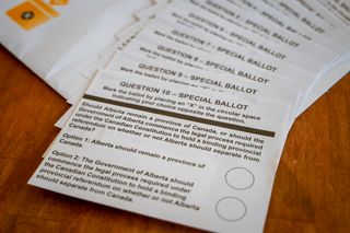 Alberta referendum mail-in special ballots are seen in Calgary, Thursday, Sept. 24, 2026.THE CANADIAN PRESS/Jeff McIntosh