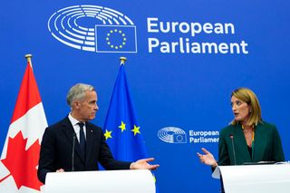 Prime Minister Mark Carney and President of the European Parliament Roberta Metsola participate in a joint news conference at the European Parliament in Strasbourg, France, on Thursday, Sept. 17, 2026.
