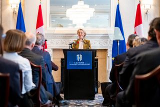 President of the European Commission, Ursula von der Leyen, gives remarks ahead of the EU-Canada summit, in Montreal, on Thursday, Oct. 29, 2026.