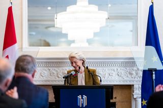 President of the European Commission, Ursula von der Leyen, gives remarks ahead of the EU-Canada summit, in Montreal, on Thursday, Oct. 29, 2026.