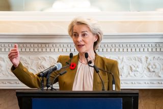 President of the European Commission, Ursula von der Leyen, gives remarks ahead of the EU-Canada summit, in Montreal, on Thursday, Oct. 29, 2026.