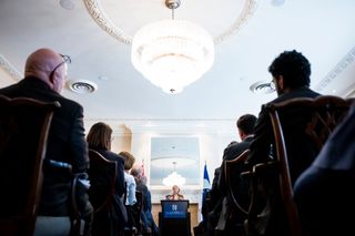 President of the European Commission, Ursula von der Leyen, gives remarks ahead of the EU-Canada summit, in Montreal, on Thursday, Oct. 29, 2026.