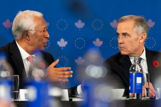 President of the European Council Antonio Costa, left, gives remarks alongside Prime Minister Mark Carney, at a roundtable with business leaders during the Canada-EU Summit, in Montreal, on Thursday, Oct. 29, 2026.