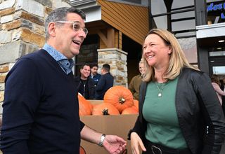 La Peltrie Conservative candidate Maïté Blanchette Vézina greets Quebec Conservative Leader Eric Duhaime as he tours the region on the eve of a general election, in Quebec City on Sunday, Oct. 4, 2026. (Jacques Boissinot/The Canadian Press)
