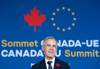 Prime Minister Mark Carney speaks to the media during the closing press conference during the EU-Canada summit in Montreal on Friday, Oct. 30, 2026. THE