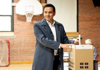 Quebec Liberal Party Leader Charles Milliard casts his vote on election day in North Hatley, Que., on Monday, Oct. 5, 2026.