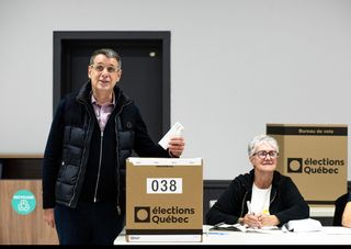 Quebec Conservative Party Leader Eric Duhaime casts his ballot in his riding of Bellechasse in the city of Sainte-Claire, Quebec on Monday Oct. 5, 2026.