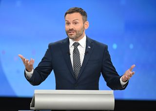 Parti Quebecois Leader Paul St-Pierre Plamondon speaks during a leaders debate in Montreal on Wednesday, Sept. 23, 2026.