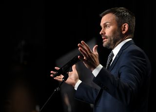 Parti Quebecois Leader Paul St-Pierre Plamondon speaks to the media following a leaders debate in Montreal on Wednesday, Sept. 23, 2026. Quebec votes in a provincial election on Oct. 5, 2026.