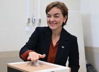 CAQ Leader Christine Frechette casts her ballot at the polling office in Trois-Rivieres, Que. on Monday, Oct. 5, 2026.