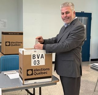 Pascale Bérubé casts is ballot in Matane, and won his seat again, meaning he will enter his second decade and remain the longest serving MNA in Quebec. (Pascale Bérubé/Facebook)