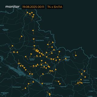 Screenshot des Lufttracking-Kanals »monitor«: 74 Drohnen in der Luft