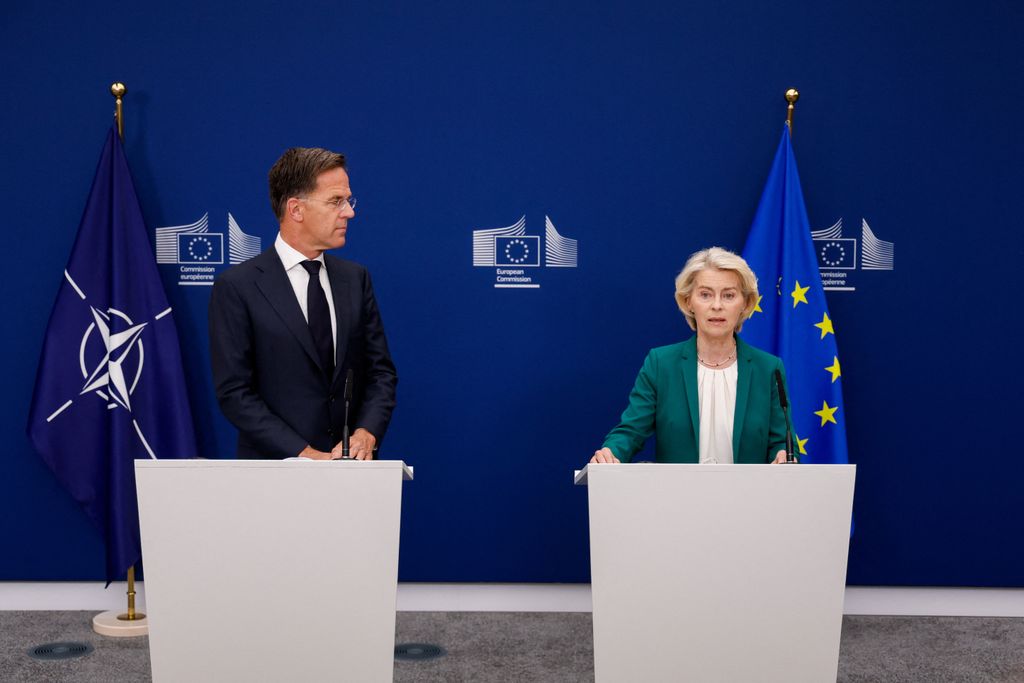 EU-Kommissionspräsidentin Ursula von der Leyen und Nato-Generalsekretär Mark Rutte traten in Brüssel vor die Presse.